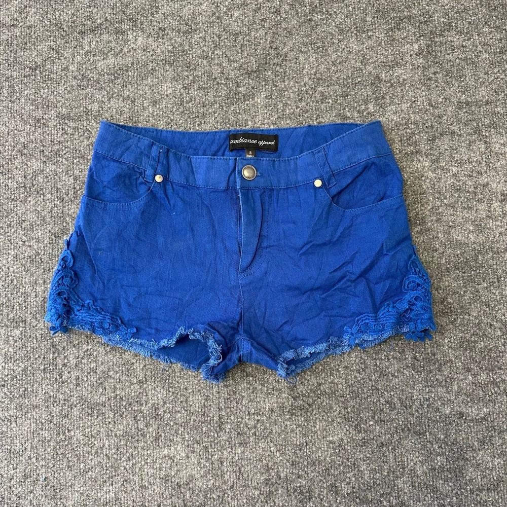 Ambiance Apparel Shorts Womens Size S Blue Crochet Lace Trim Frayed Hem Casual
